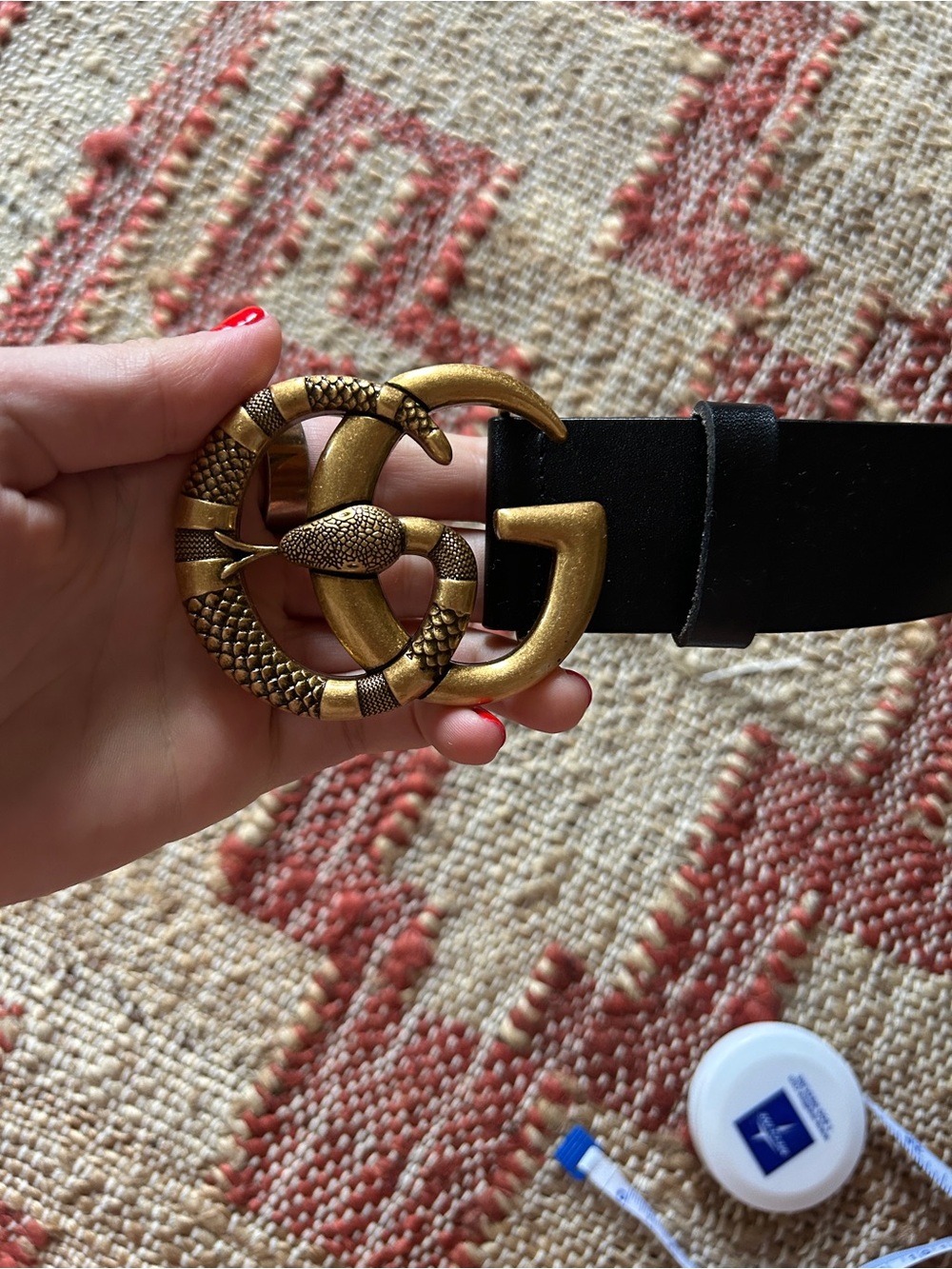 Authentic Black Leather Belt with Gold Snake Double-G Buckle 38 inch
